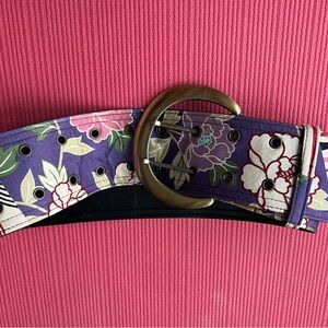 Japanese Floral Print Cinch Belt with Gold Buckle